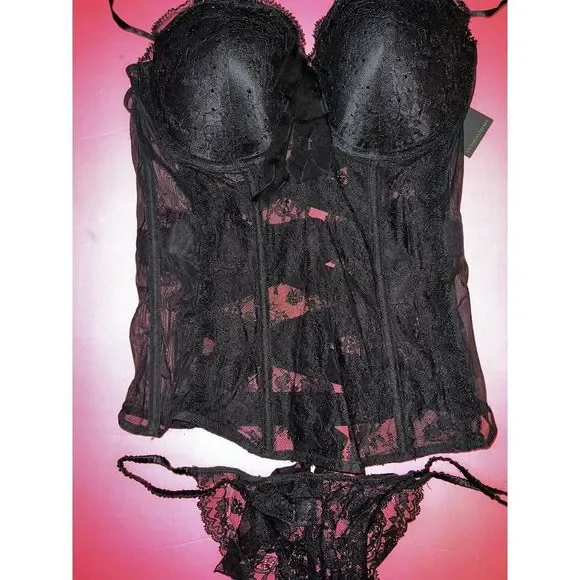 Victoria's Secret DESIGNER COLLECTION 34C,36C CORSET bustier panty BLACK crystal